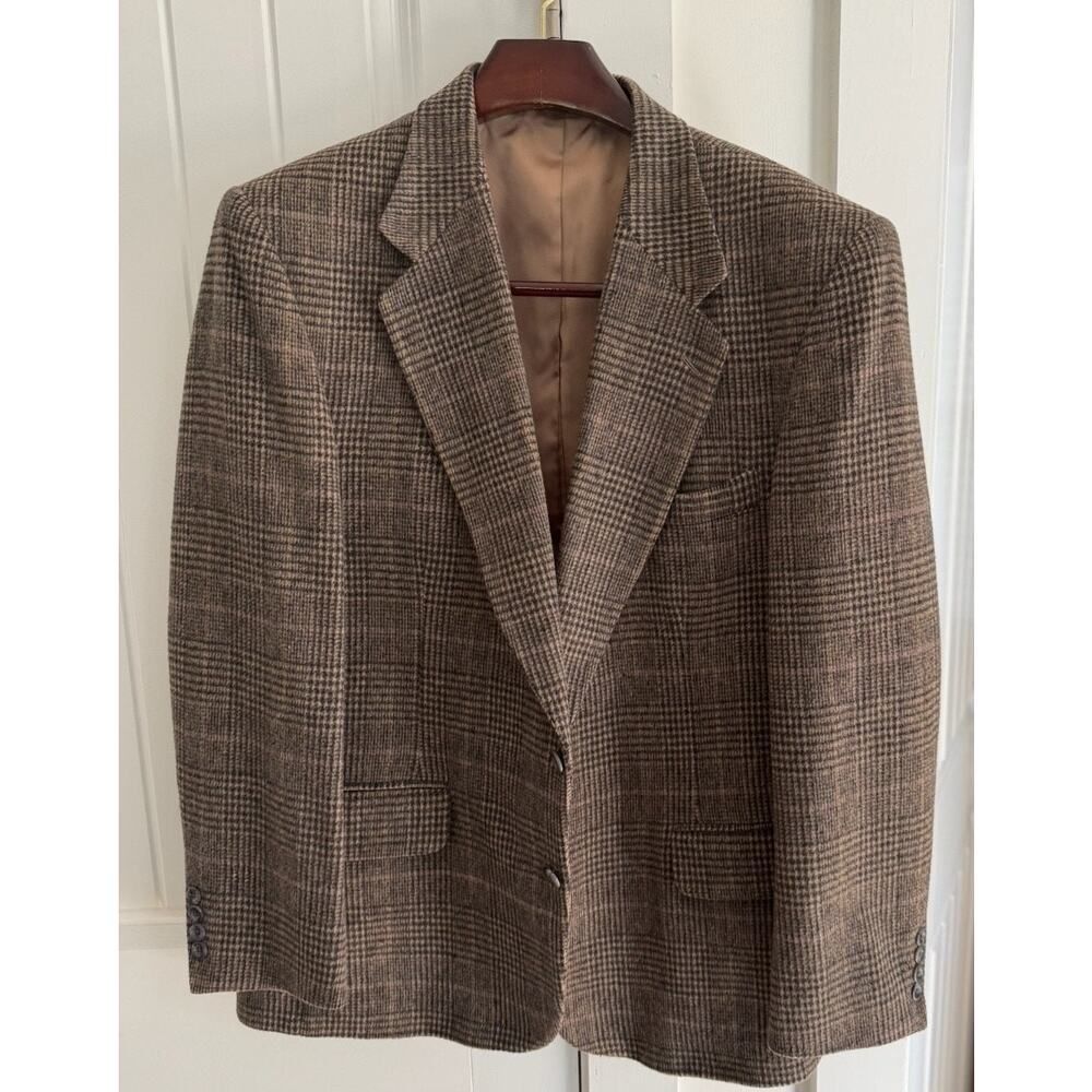 Vintage Andhurst Brown Plaid Tweed Wool Blend Two-Button Sport Coat Blazer 44R